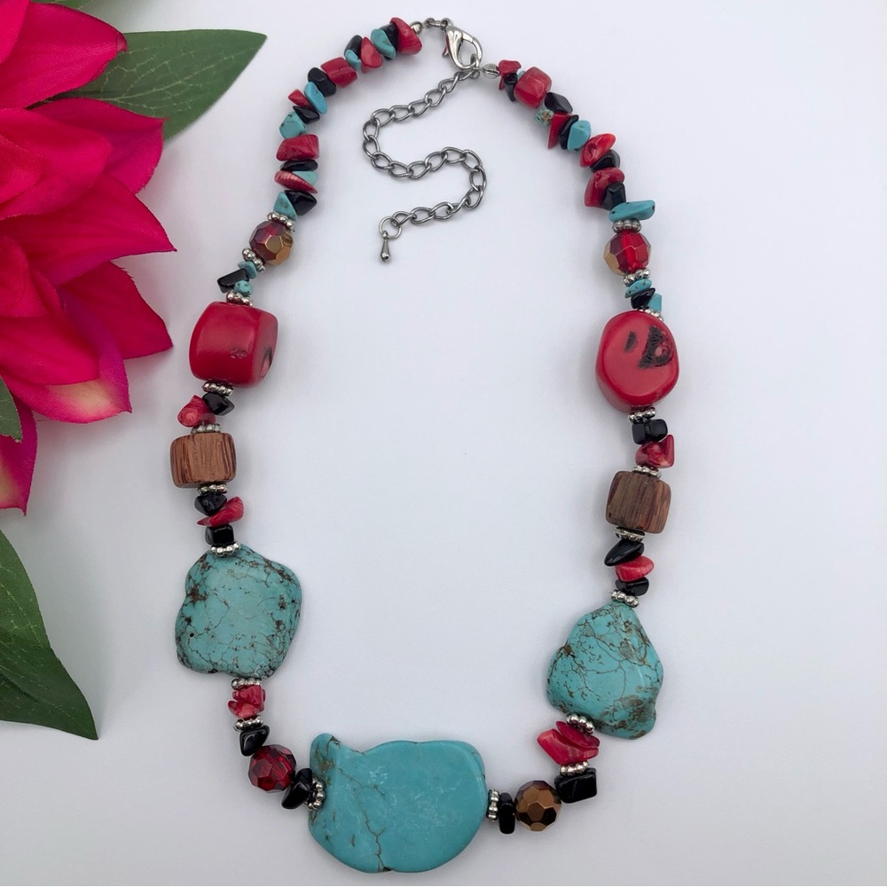Southwestern Faux Turquoise Faux Bamboo Coral Stone Chip Collar Necklace 17” - Picture 6 of 17